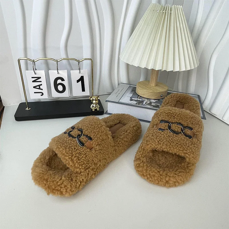 

Women's Korean Solid Color Wool Slippers Fashion Flat Bottom Slippers Winter Thickened Outdoor Plush Warm Slippers