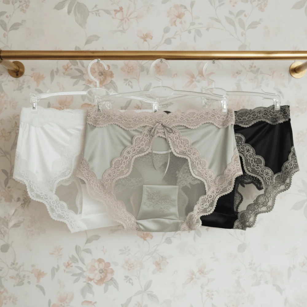 Delicate Mid Waist Lace Satin Panties Mesh Sweet Transparent Briefs Invisible Patchwork Bow Briefs Women