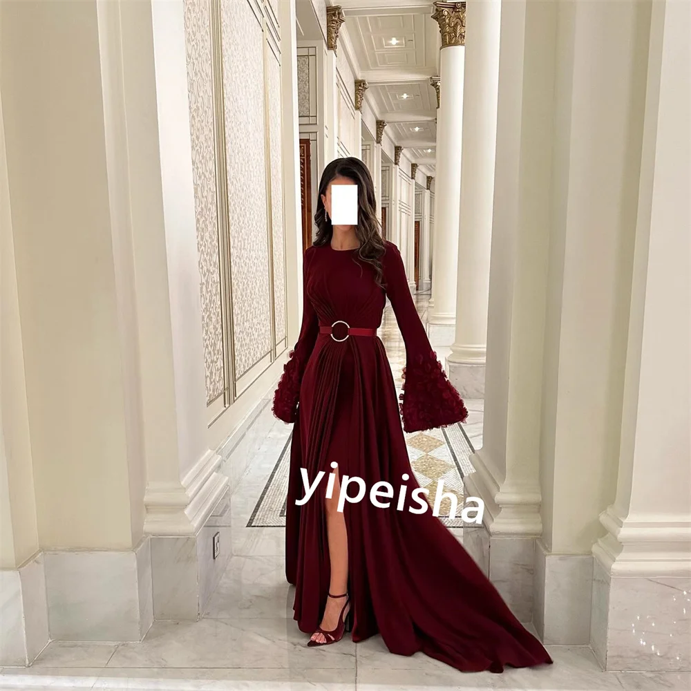 Vestido de noite com drapeado Sash Applique, A-Line, O-Neck, vestidos longos para ocasiões muçulmanas, Arábia Saudita