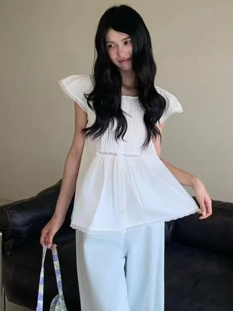 

White Lace Splice Summer irt Women's Sle Cute Anti-Aging Puff Sve Pleated Loose Versatile Top Korean System