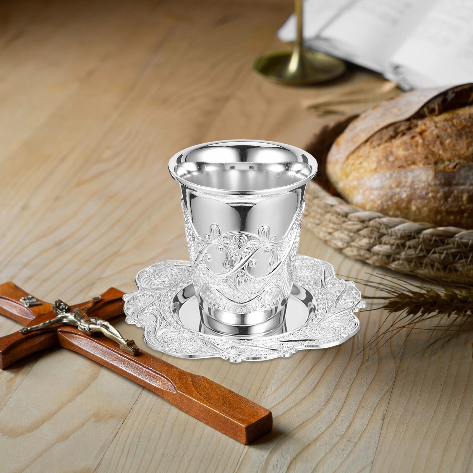 

1 Set Metal Kiddush Wine Cup With Saucer Shabbat Passover Holiday Gift Silver Plated Festival Judaica Shabbos Cup Elegant Design