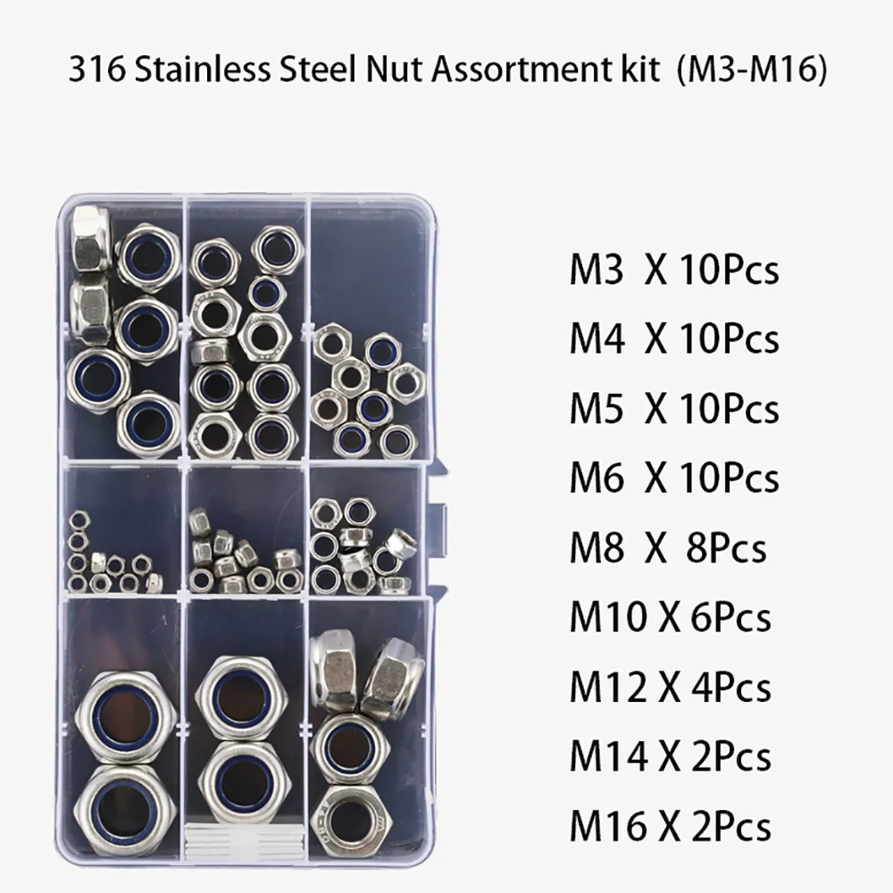 

201/316/304 Stainless Steel Hexagon Nylon Insert Lock Nut Set M2-M16 Self-locking Hex Nylon Locknut Assortment Kit Set