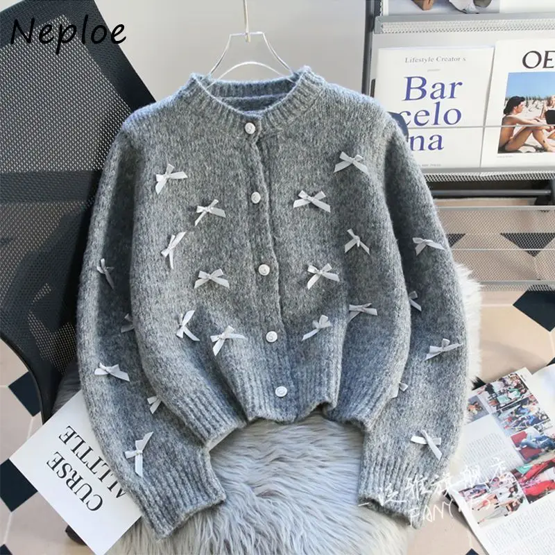 Neploe Korea Chic Minority French Style Bow 3D Flower Jumper New Coat Casual Small Fragrance Knit Cardigan Exquisite Sweet Tops