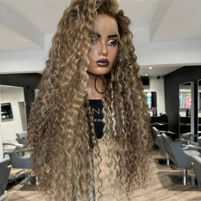 

26 Inch High Quality Wig Blonde Brown Highlight Preplucked Hairline Synthetic Lace Front Wigs for Women Use Long Deep Cury Wig