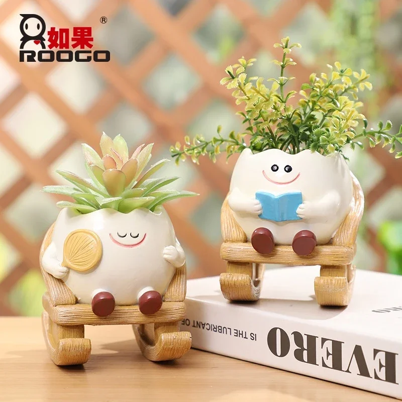 Creative New Home Office Succulent Flowerpot Cute Rocking Chair Egg Sitting Posture Flowerpot Plant Ornament For Desk Room Decor
