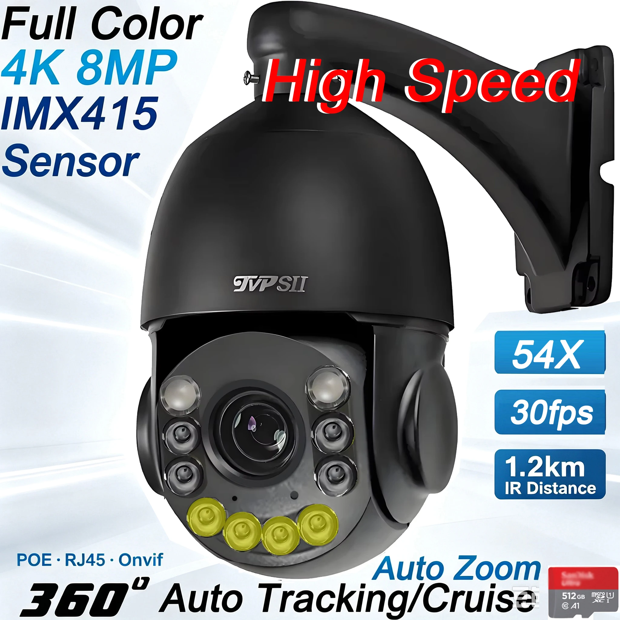 Metal Full Color Infrared Auto Tracking 8MP 4K 54X Optical Zoom Audio ONVIF POE PTZ Surveillance 360° High Speed Dome IP Camera