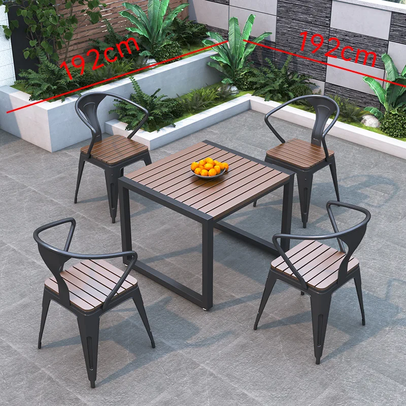 #Modern Weather-Resistant Outdoor Seating Set for Backyard Square Patio Dining Table 4 Armrest Chairs Durable Plastic Wood Desig
