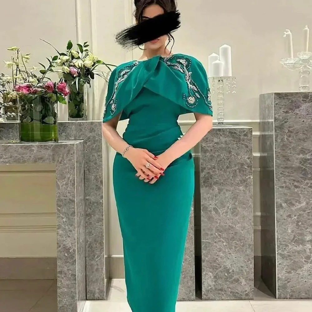 

ROSELLA Green Beaded O Neck Evening Dresses Ankle Length Mermaid Formal Occasions Dress with Cape Sleeves New 2023 Saudi