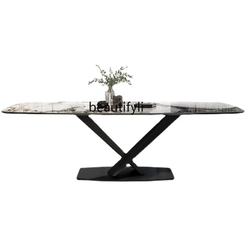 

Italian rock slab dining table rectangular simple modern light luxury household bright luxury stone creative dining table