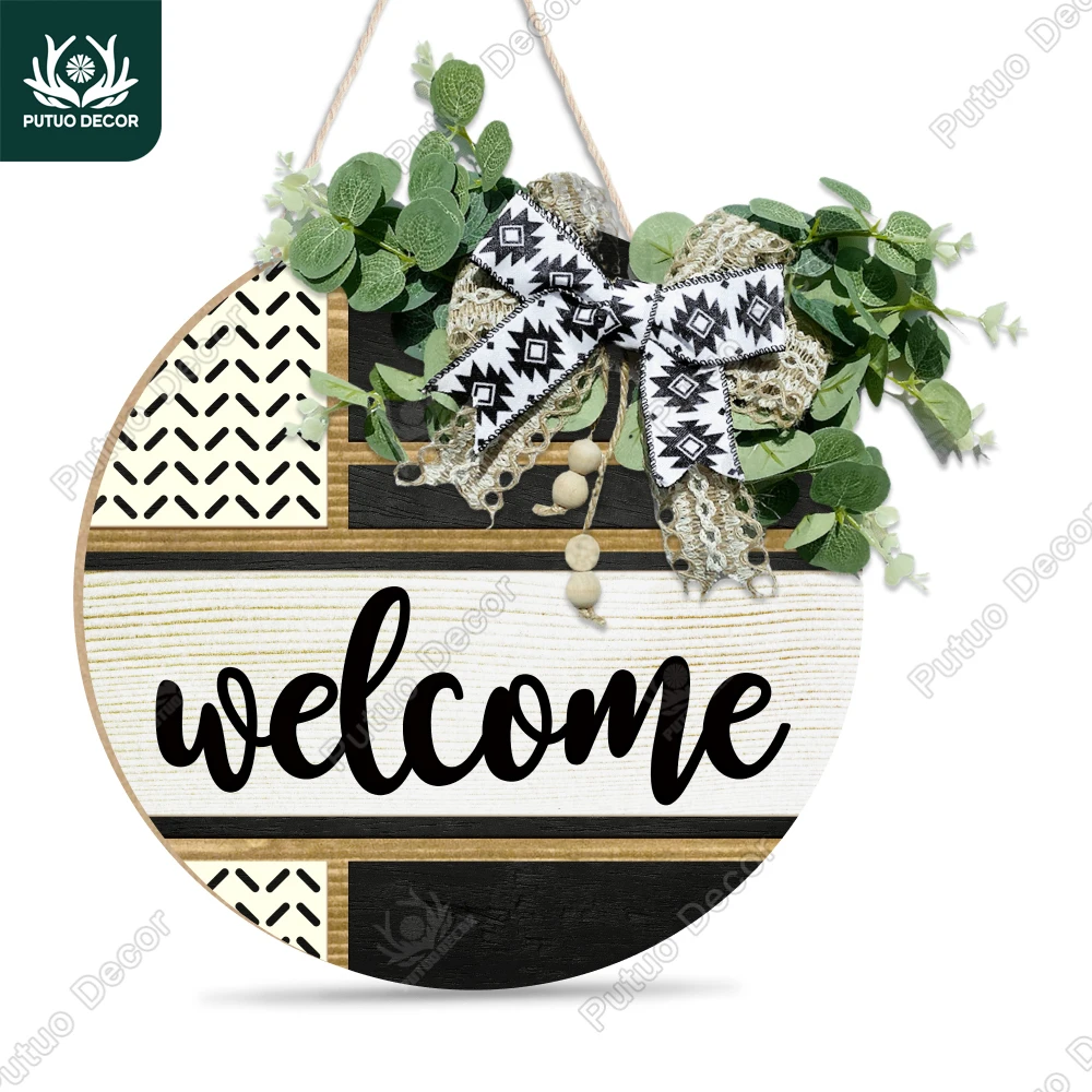 Putuo Decor-Round Wood Hanging Signs, Family Porch, Cafe Wall Decoration, Gifts for Friends, 11.8x11.8Inches, Welcome, 1Pc