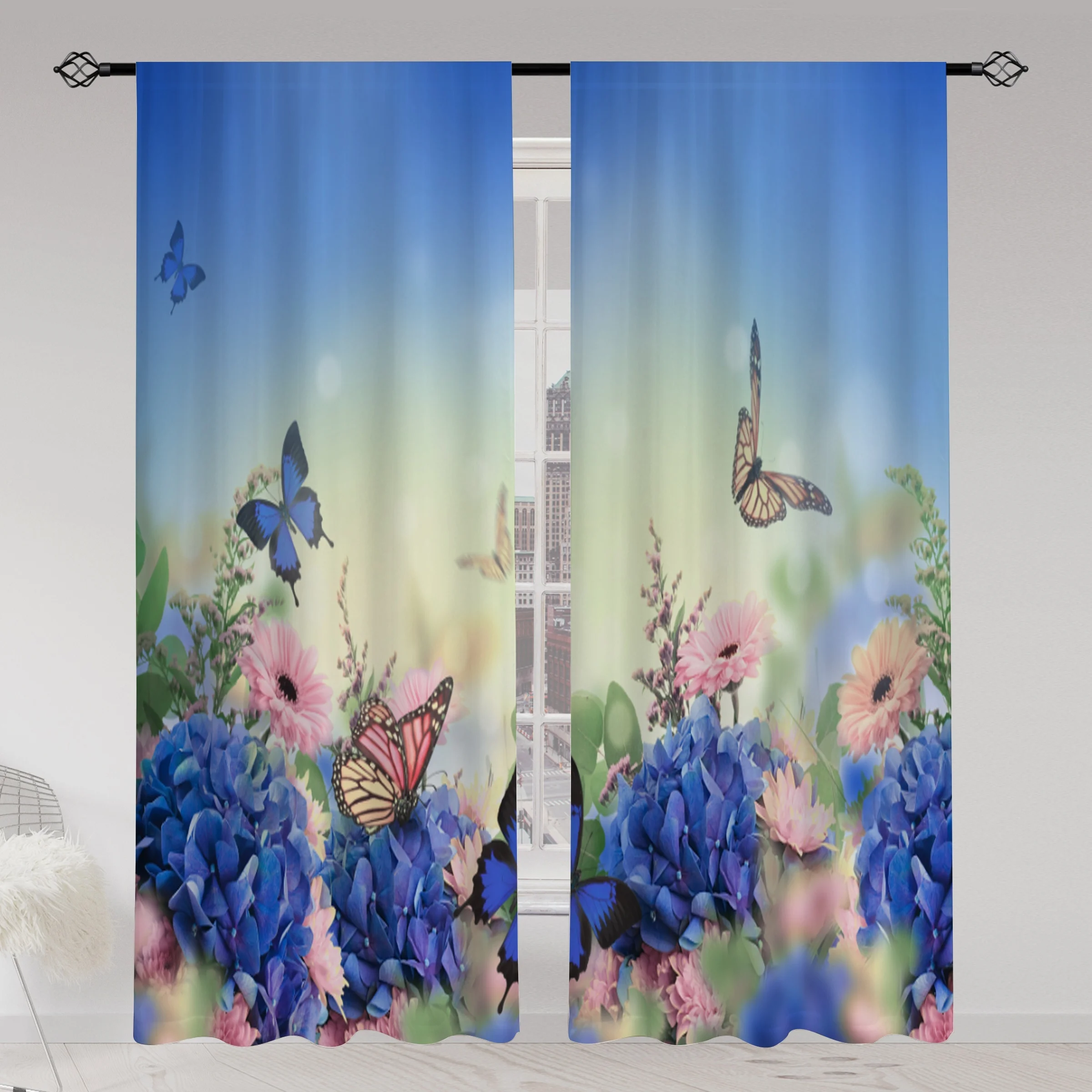 Elegant Blue Floral Curtain Panels Polyester Fabric Window Drapes for Living Room Bedroom Spring Home Decor Butterfly Garden Cur