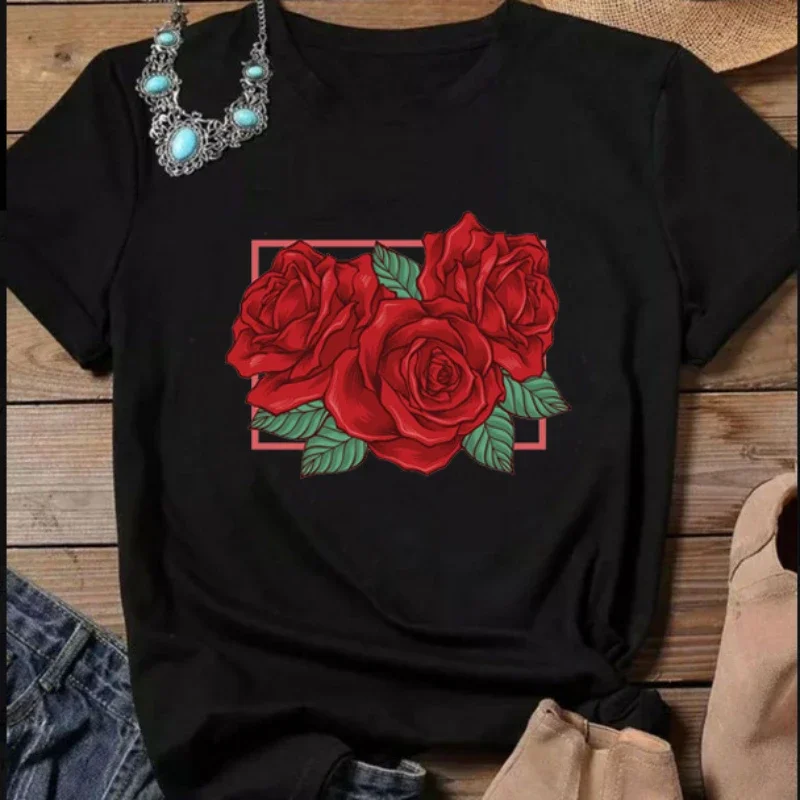 Red Rose Flower Print T Shirt Women Short Sleeve O Neck Loose Tshirt Women Causal Tee Shirt Tops Camisetas Mujer