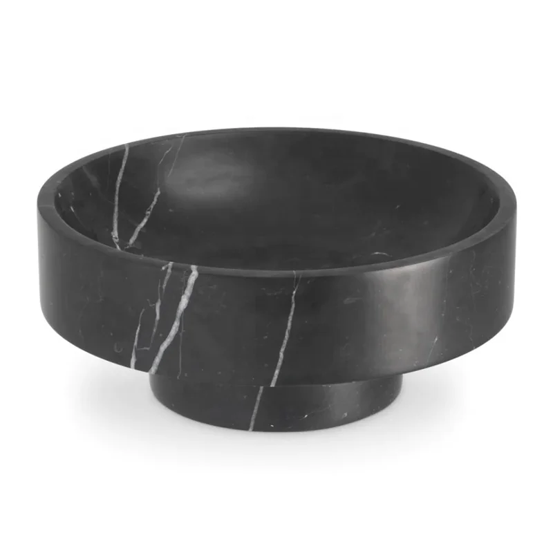 Matted Black Marquina Marble Pedestal Stone Foot Bowl And Table Centerpiece