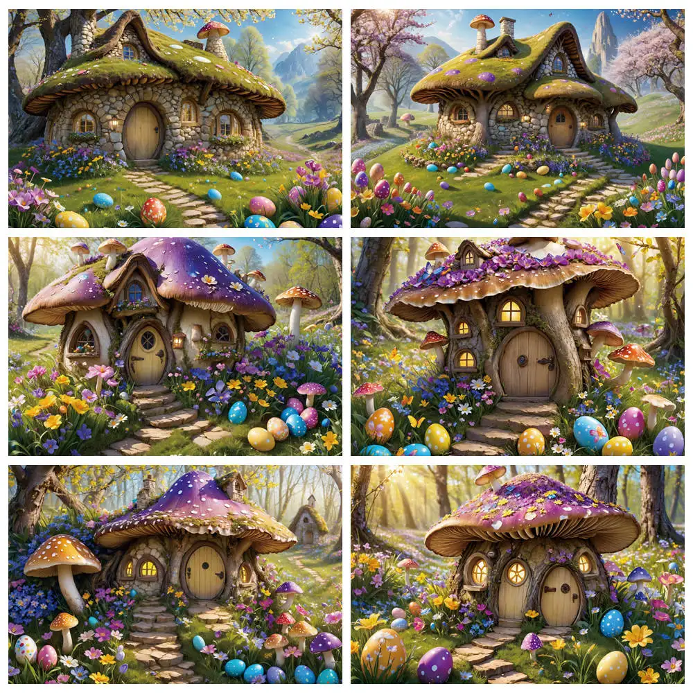 

MOON.QG Easter Photography Backdrops Spring Fairy Forest Mushroom House Background Colorful Egg Children's Party Deco Photozone