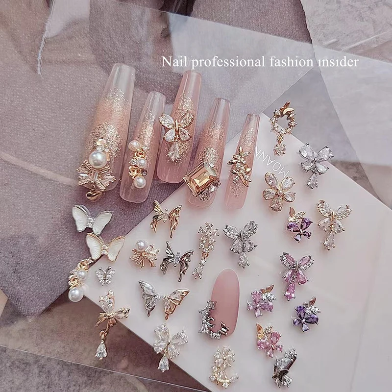 5 PCS Purple and pink super fairy butterfly pendant nail decoration alloy zirconia super shiny rhinestone nail accessories
