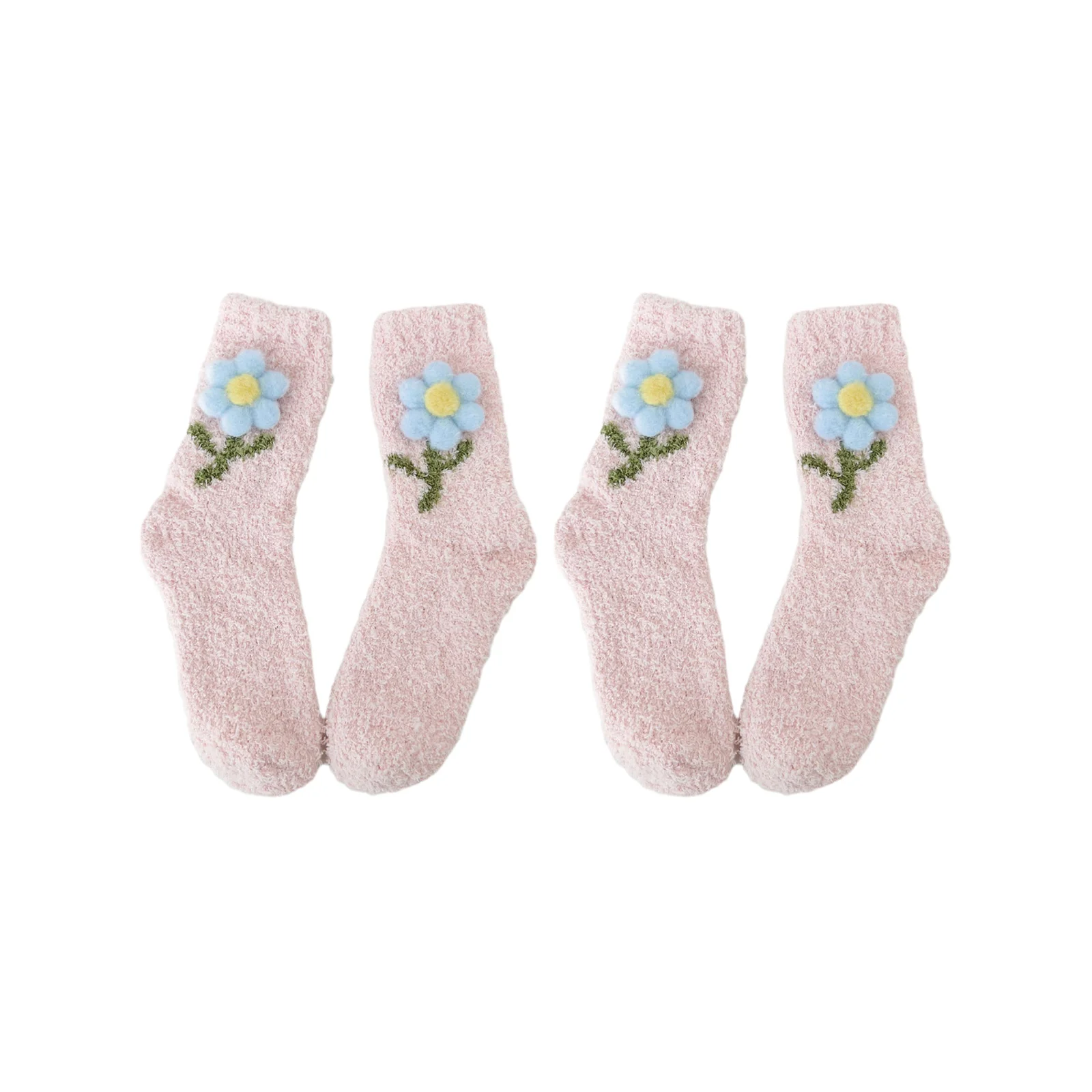 Small flower warm mid-calf floor socks three-color combination pack (1 pair each of pink/green/blue)