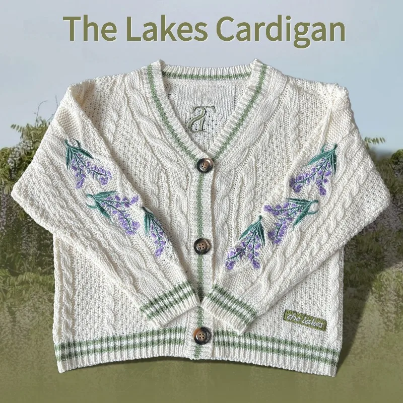 

Кардиган Wisteria The Lakes, женский осенне-зимний кардиган с фиолетовыми цветами и вышивкой, зеленая версия, кардиганы, фольклорный вязаный свитер для девочек
