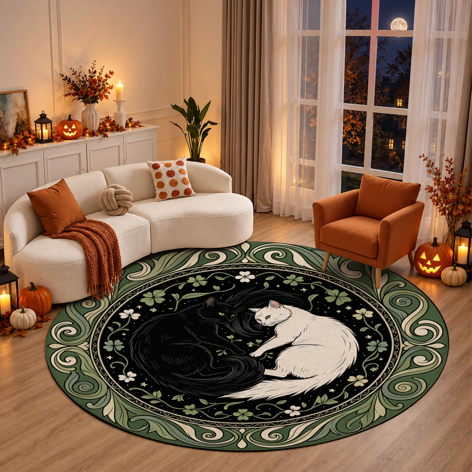 Yin Yang Black White Cat Clover Floral Circular Velvet Round Area Rug, Machine Washable Soft Plush Floor Rug for Living Room Bedroom Entryway, Ideal for Halloween Thanksgiving Christmas New Year Black Friday Cyber Monday Home Decor