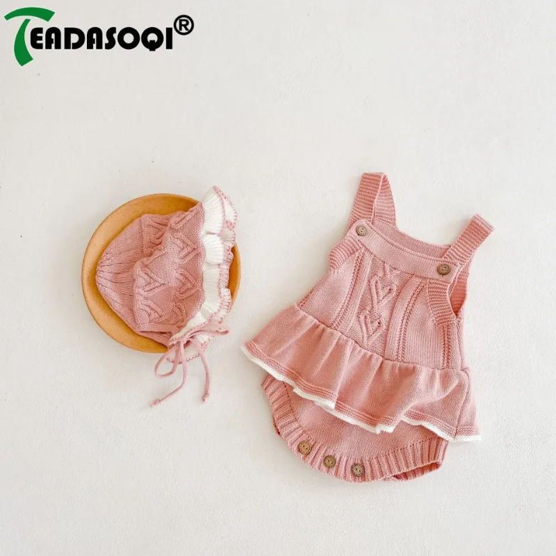 

2024 Autumn Spring Pink Toddler Bodysuits Hat Newborn Baby Girls Sling Knitted Love Ruffles One-piece Infant Kids Overalls 0-3Y