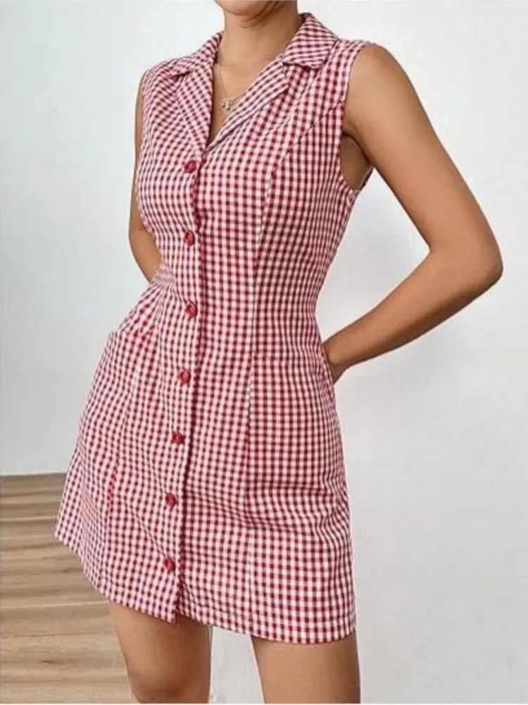 

Summer New Vintage Plaid Print Buttons Lace-up Dresses Women's Fashion Lapel Sleeveless Mini Dress Office Ladies Party Dress