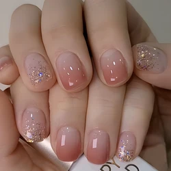 24 Pcs Short Squoval Press On Nails Pink Gradient Stripe Pattern Fake Nails Glossy Artificial Finger Manicure False Nails