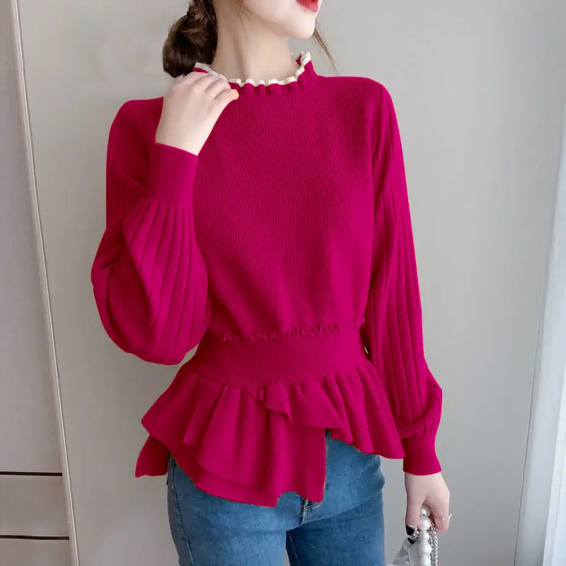 Suéter de manga larga para mujer, corsé de cuello simulado sólido, dobladillo, moda coreana, jerséis sueltos informales, Tops de punto, otoño e invierno, nuevo