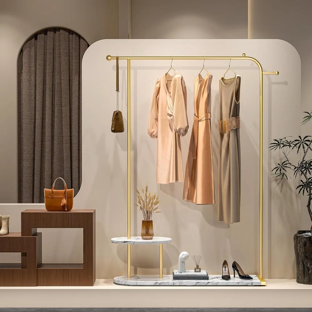 رف ملابس ذهبي حديث عالي 67.3 بوصة مع مساحة تخزين من طبقتين لعرض البوتيك #5