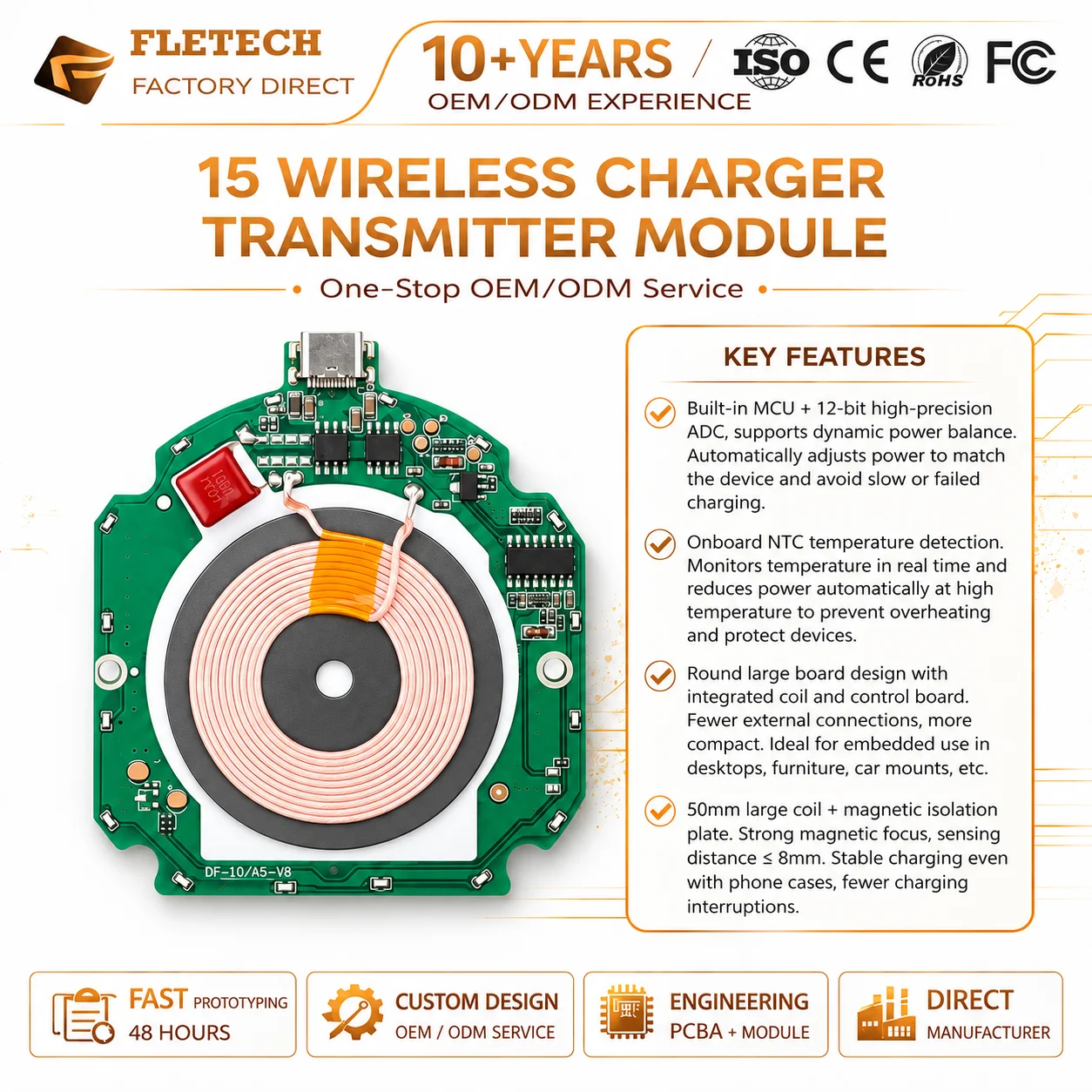 9V 12V15W Wireless Charging Transmitter Module Type-C Universal Qi Fast Wireless Charger PCBA Board for Furniture Automotive DIY