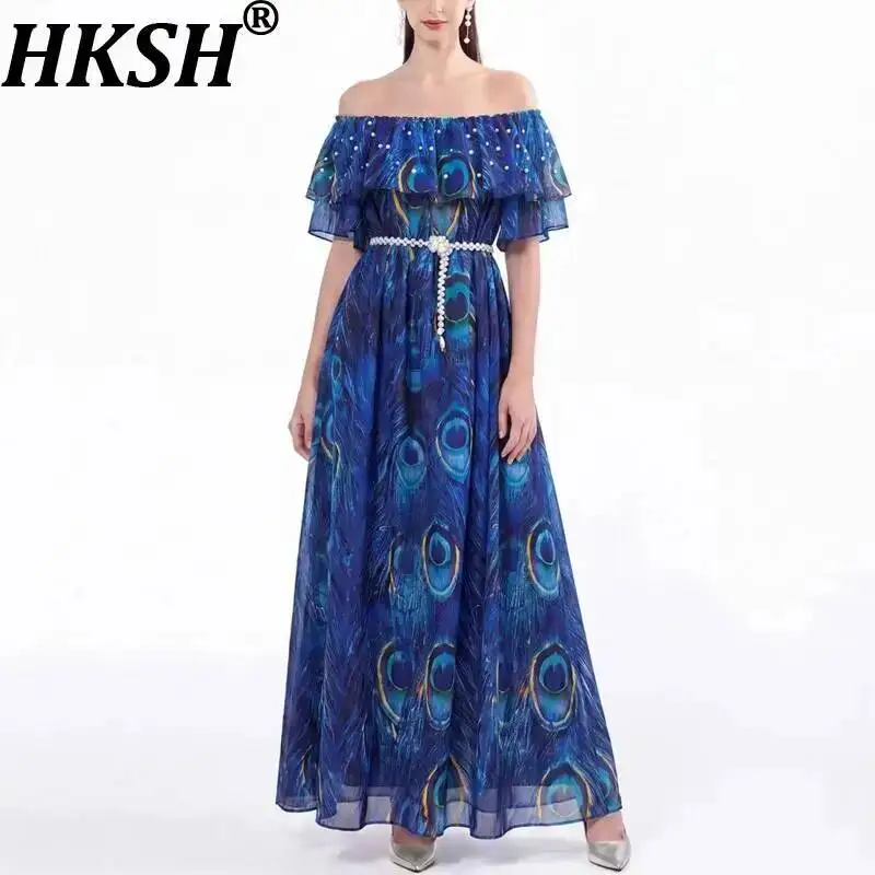 

Женское повседневное платье HKSH с принтом, плиссированное, с открытыми плечами, с поясом, подчеркивающее талию, элегантное, модное, летнее, HK22723
