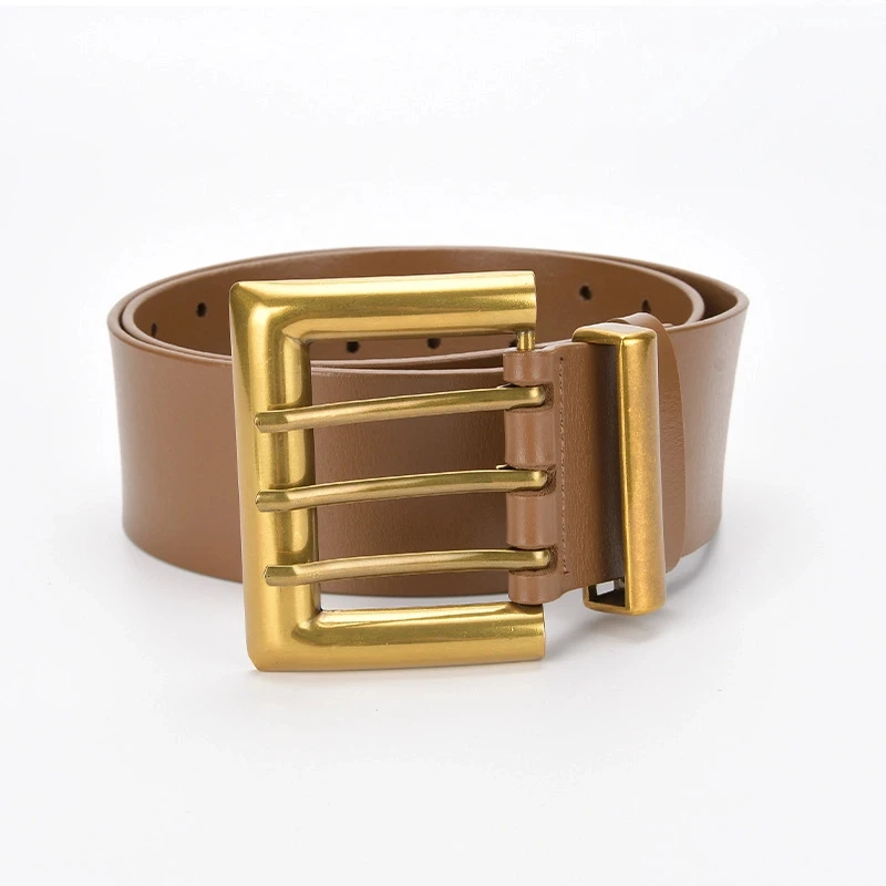 

New Women Genuine Leather Three Row Buckle Ultra Wide Belt Ladies' Personalized Needle Buckle Decoration Fashion Waistband