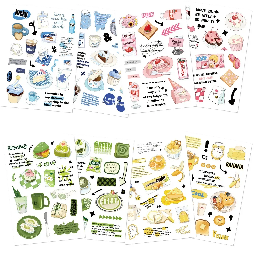 

8 Sheets Ins Foods Waterproof Paper Sticker Aesthetic DIY Decorative Diary Planner Cup Laptop Phone Scrapbook Kids Stickers