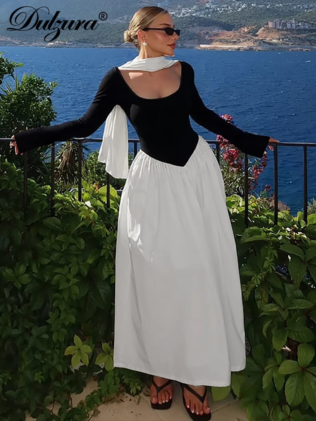 Dulzura 2025 가을 패션 우아한 O넥 긴 소매 슬림 리본 패치워크 플리츠 롱 드레스 이브닝 파티 클럽 프로모션 의류