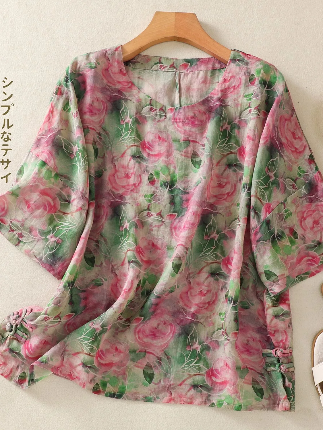 

Ретро-топ свободного кроя из льна с принтом, круглый вырез, облегающий, повседневный, летний, с растительным узором