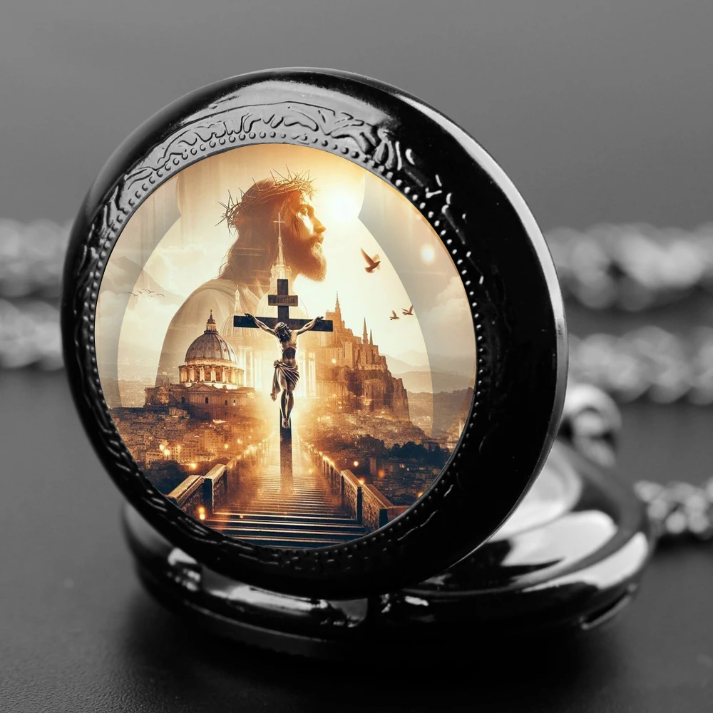 He is risen! Easter Themed Glass Dome Quartz Pocket Watch with Arabic Numerals Dial Durable Chain Perfect For Easter Gifts