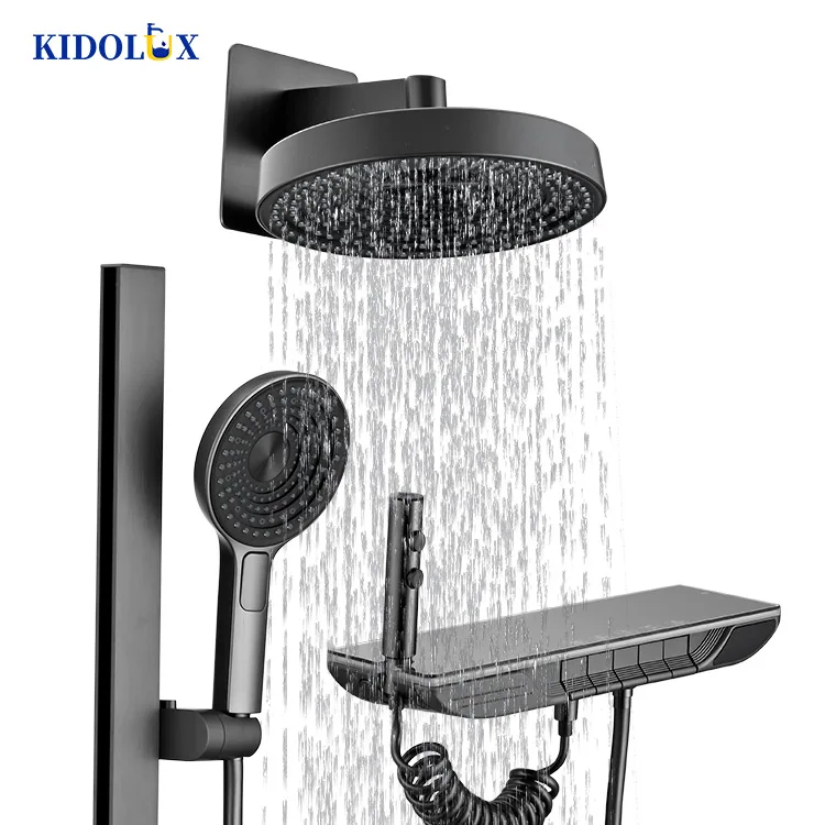 Luxury Modern Bathroom 5 Ways Thermostatic Round Black Wall Exposed Bath Shower Set 4 Way Shower Faucet With Sliding Bar