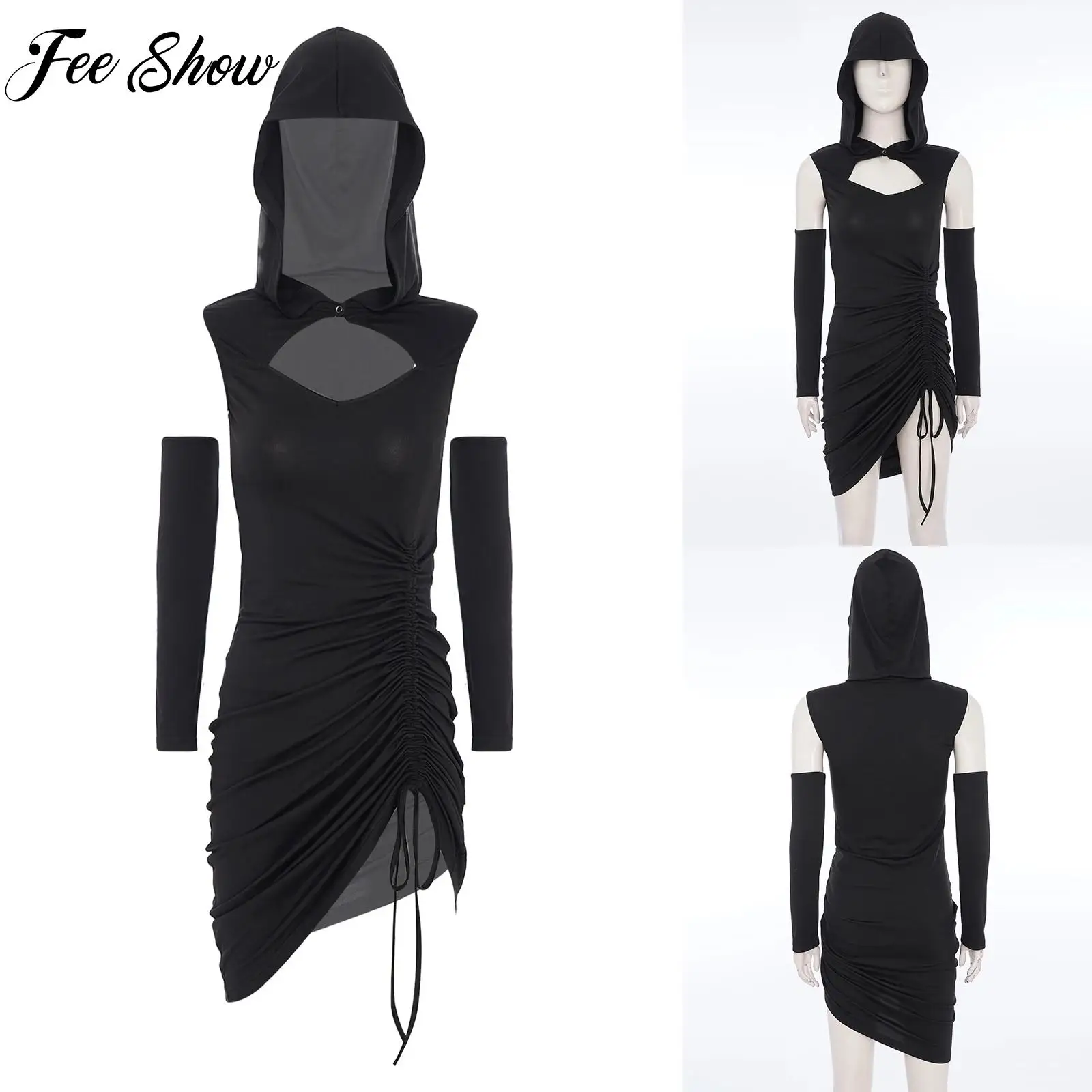 

Womens Gothic Hoodie Vintage Medieval Steampunk Clothes Sleeveless Dress with Oversleeves for Halloween Carnival Cosplay Party