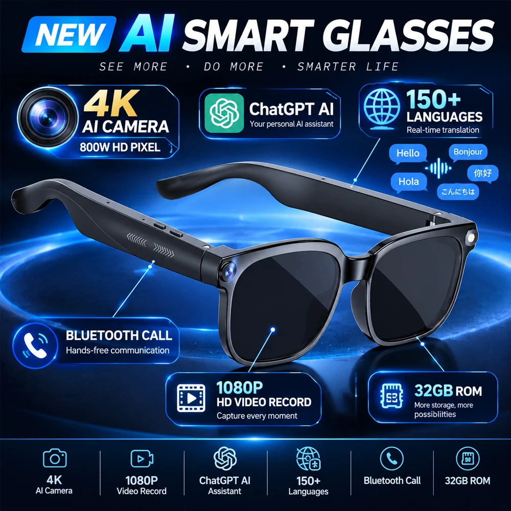 2026 New Smart AI Glasses 8MP Pixel 4k HD Camera ChatGPT Bluetooth Call 32GB ROM 150+Language WIFI Translation Sunglasses Men