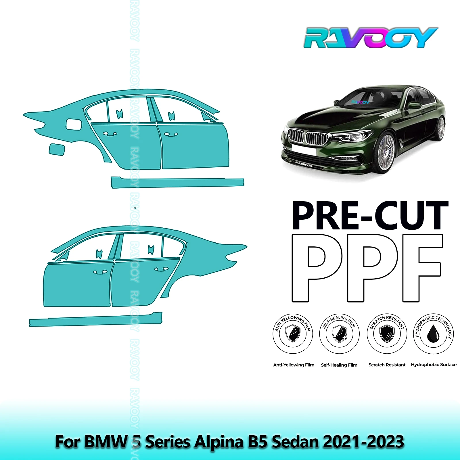 

For BMW 5 Series Alpina B5 Sedan 2021-2023 8.5mil Clear Matte Pre-Cut PPF Door & A/B Pillar Kit TPU Paint Protection Film Set