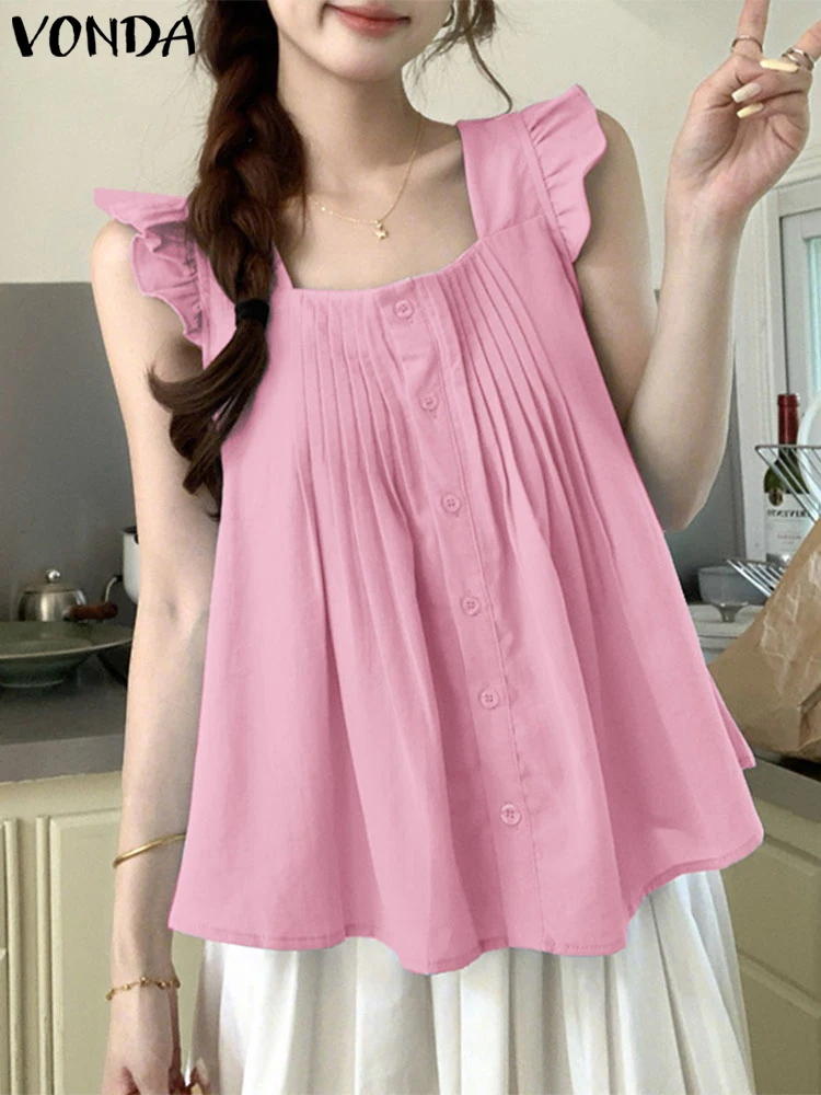 

VONDA Tank Tops Solid Color Blusas Women Summer Sleeveless Tees 2025 Casual Buttons Tunics Pleated Oversize Loose Blouses