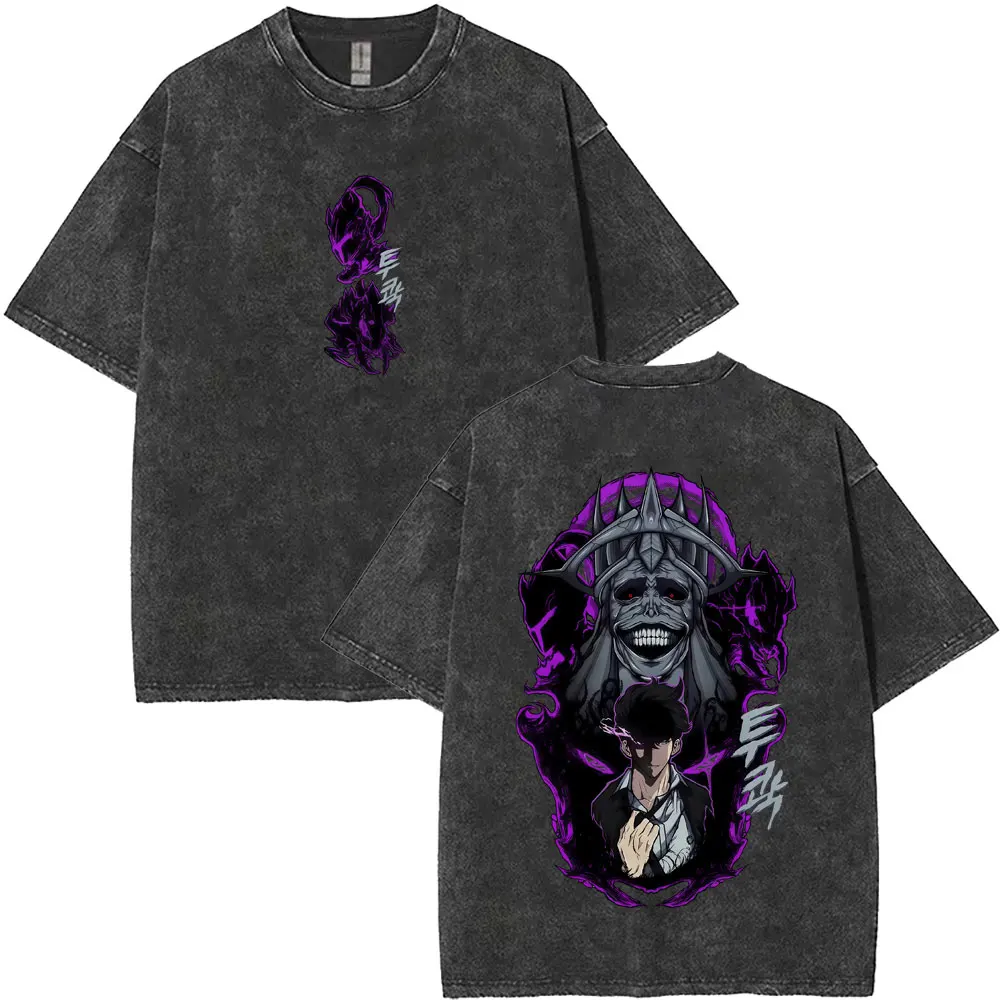 

Washed Vintage Streetwear Anime Solo Leveling Statue of God & Sung Jin Woo T-shirt Men Women Fashion Casual Oversized T Shirts