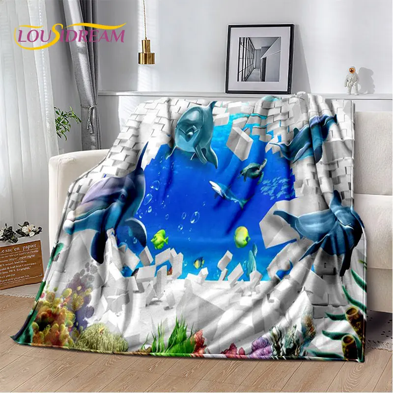 3D Seabed Illusion Underwater World Dolphin Fish Plush Blanket,Flannel Blanket Throw Blanket for Living Room Bedroom Beds Sofa