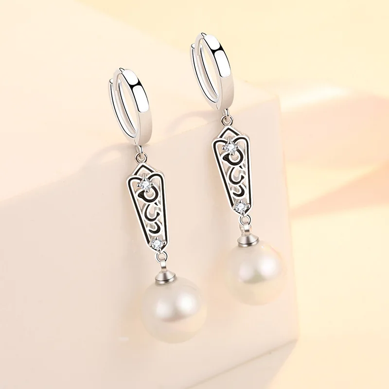 Retro Pearl Earrings Elegant 925 Sterling Silver Long Earring Black Geometry Ear Buckle Women Party Accessories KOFSAC