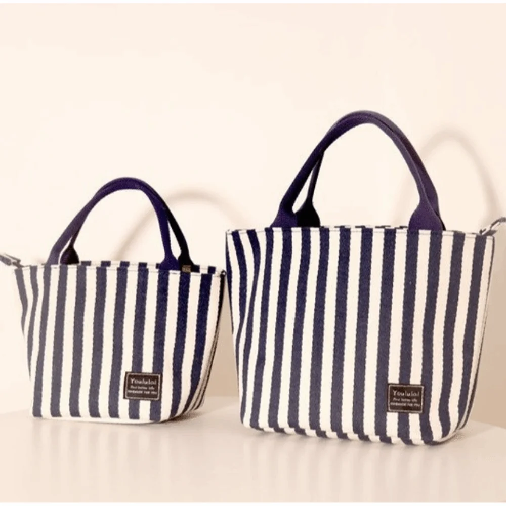 Japanese Style Striped Pattern Lunch Bag Canvas Large Capacity Tote Bag Soft Handle Bucket Handbag Casual Wear