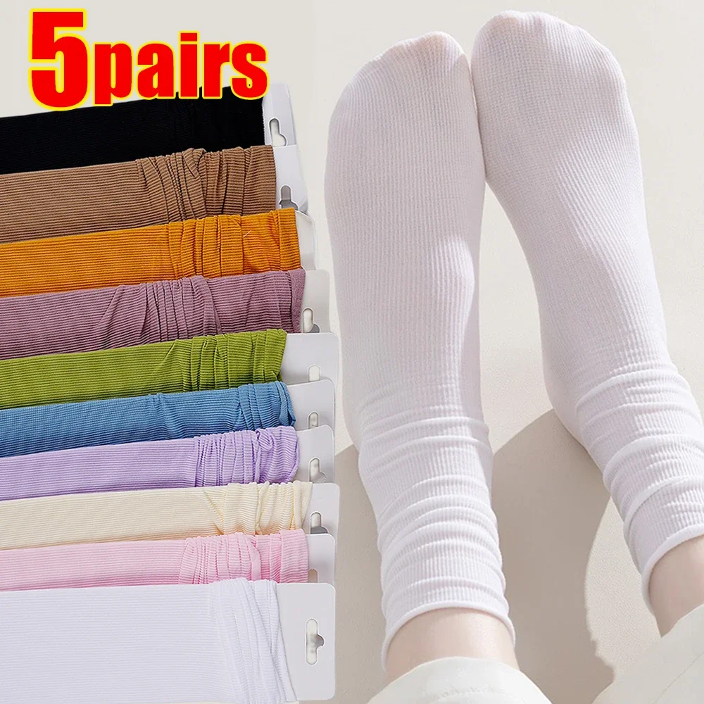 5pairs Japanese Loose Socks High School Girls Harajuku Long Cute Socks Women Solid Colors Knitting Striped Cotton Women's Sock