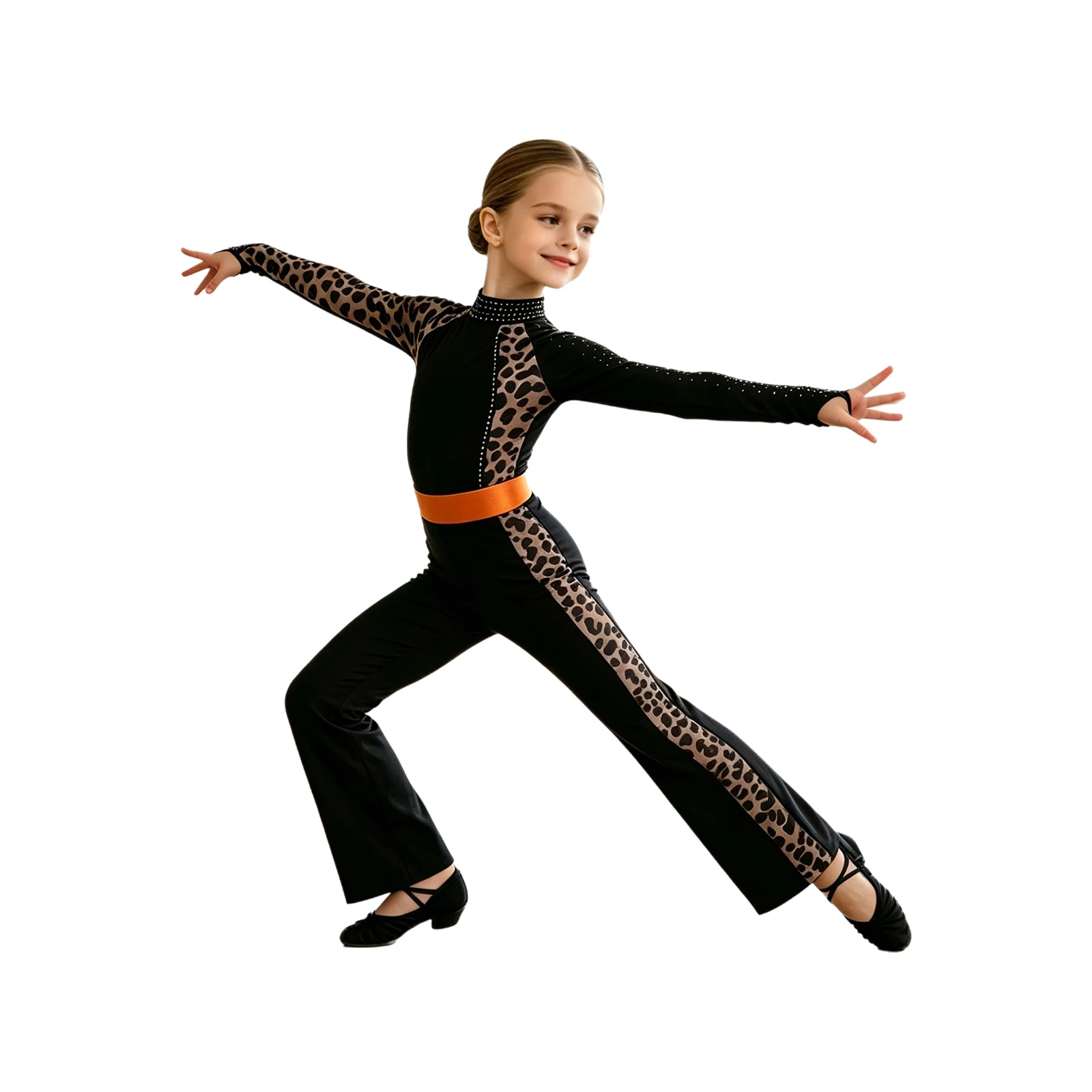 Kids Girls Leopard Print Latin Jazz Dance Jumpsuit Romper Flares Child Thumbholes Bell-bottom Bodysuit Mock Neck Dancewear