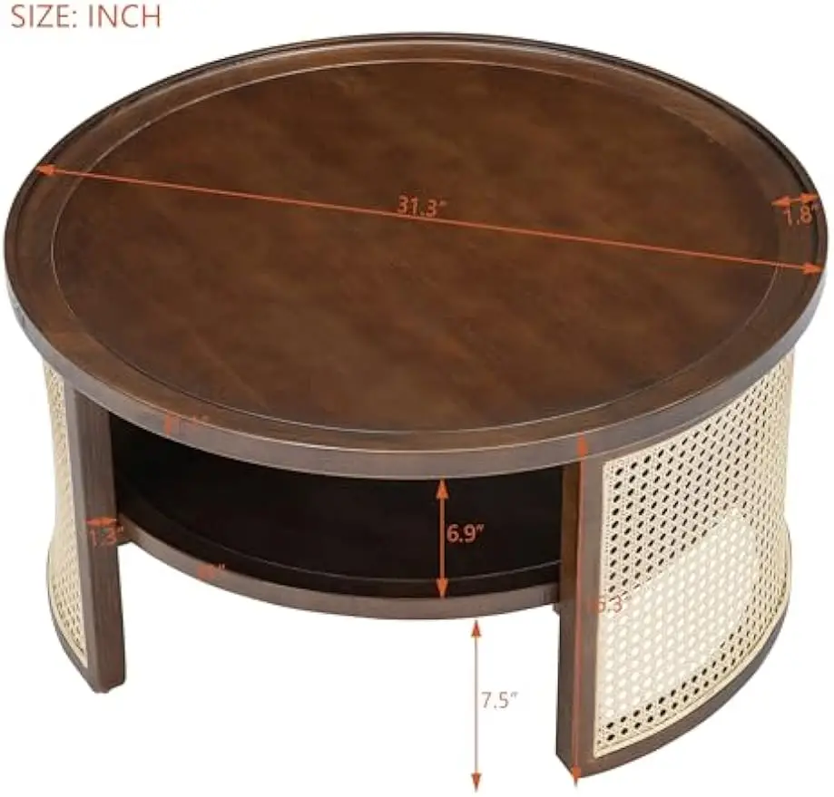 31.3'' 2-Tiered Round Walnut Wood Coffee Table, with Storage Rattan Base for Living Room Small Space Apartment