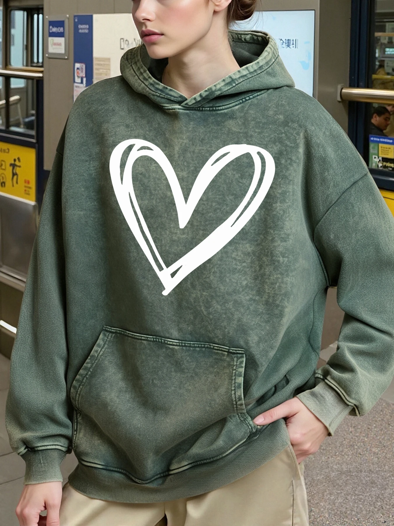 Simples oco para fora coração imprime moletom com capuz feminino vintage solto com capuz de algodão lavado hoodies bolso outono inverno mulher roupas esportivas