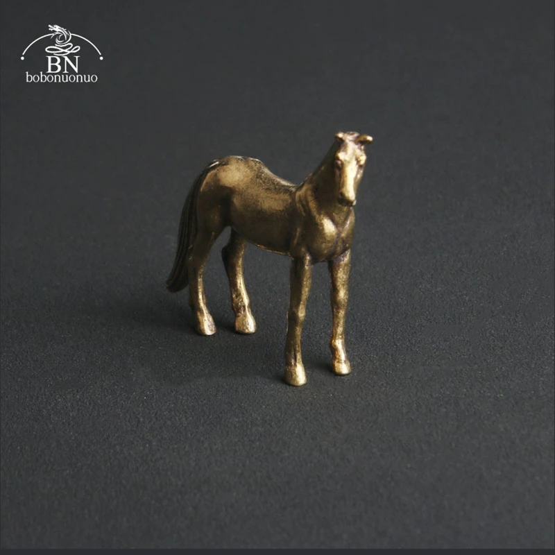 Antique Brass Solid Long Tail Horse Figurines Miniatures Feng Shui Ornaments Copper Zodiac Animal Mini Desktop Decoration Crafts