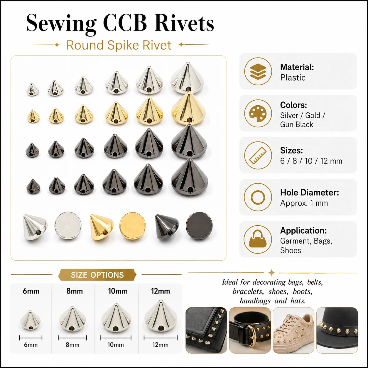 100Pcs Golds Silver Plastic Cone Spikes Rivets Punk Sewing Studs Flat Back Nailheads for Leather Craft Bag Clothing Accessories