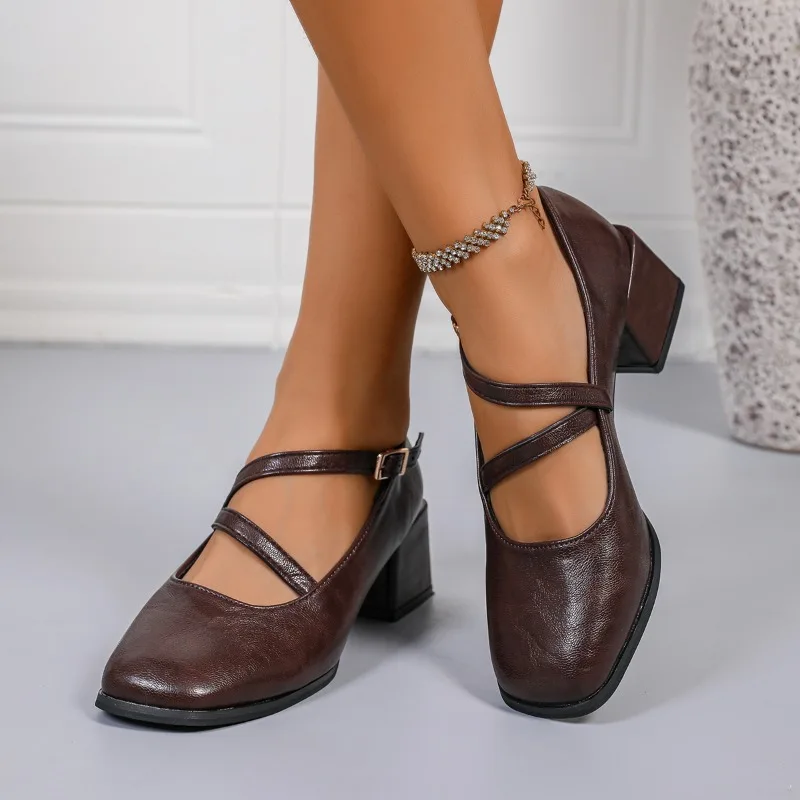 

Новинка 2025, женская дизайнерская женская обувь на высоком каблуке с квадратным носком и пряжкой, модная зимняя обувь Мэри Джейн на блочном каблуке Женская Обувь